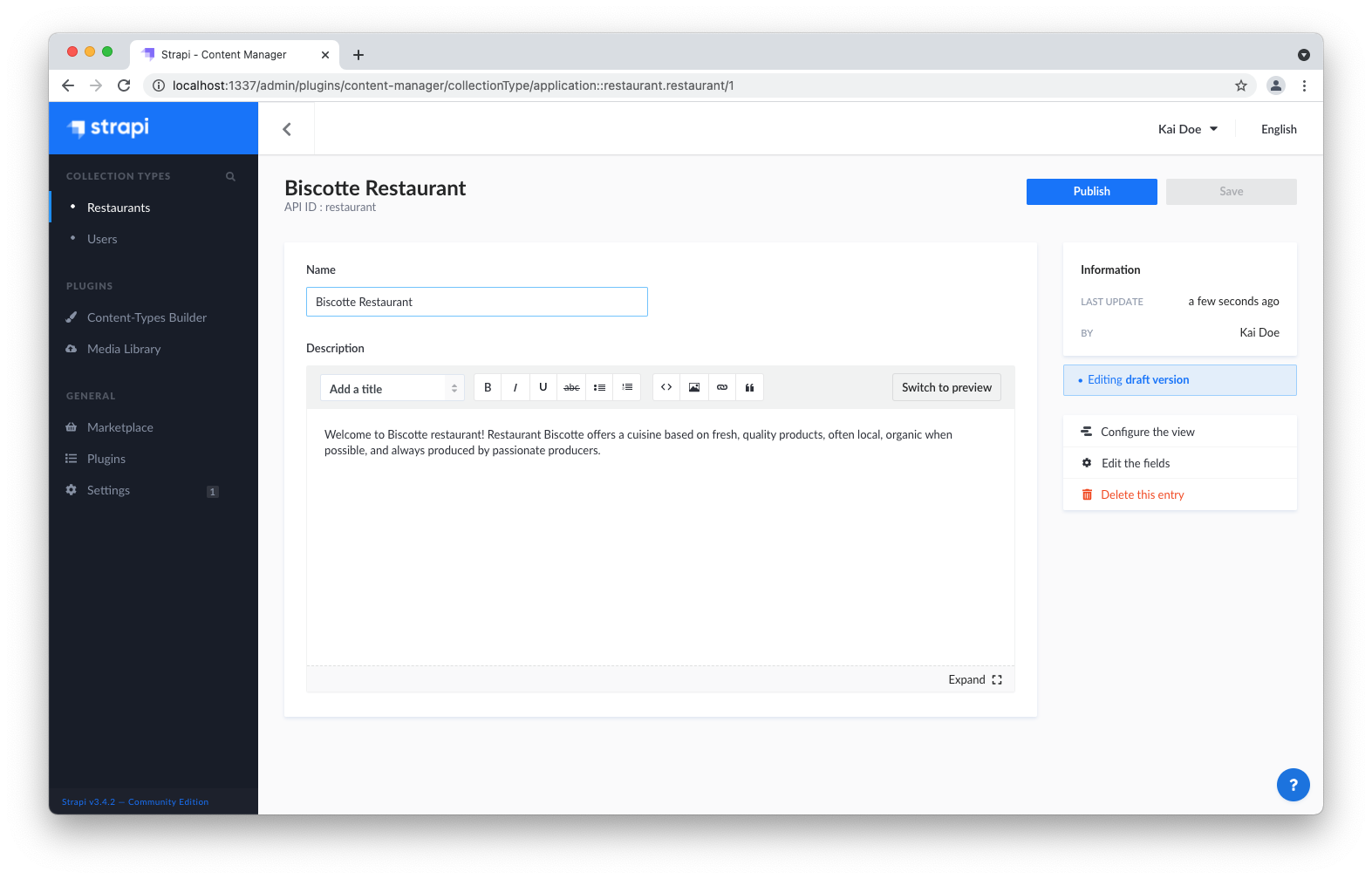 Screenshot: Biscotte Restaurant in Content Manager