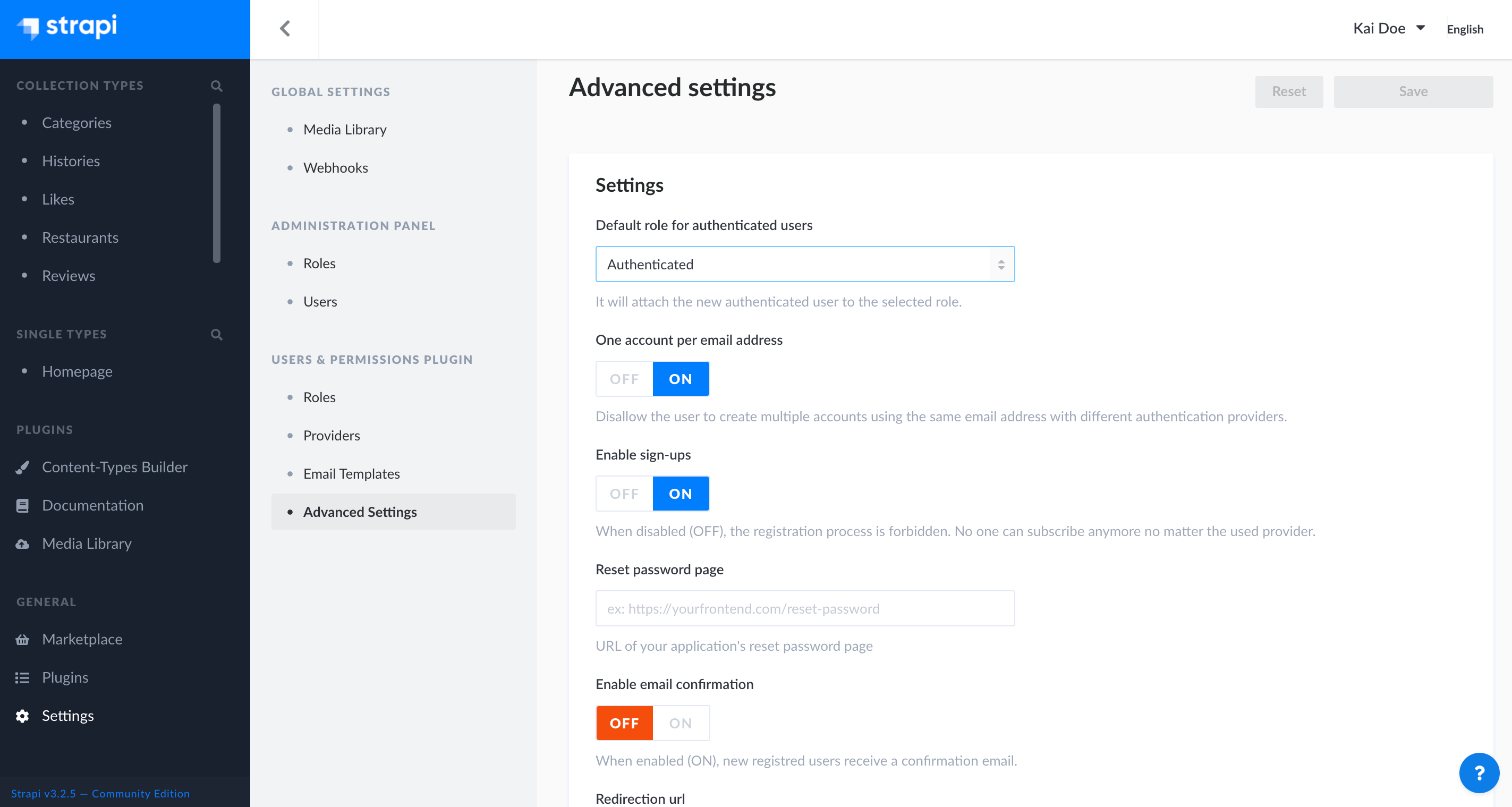 Advanced settings interface